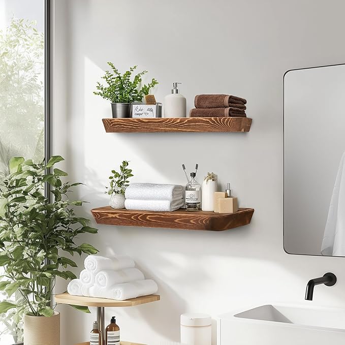 16"x6.8"x1.6" Slanted Floating Wall Shelves 2-Pack - Rustic Brown Finish, Heavy-Duty Solid Wood Design with Hidden Brackets - Perfect for Living Room, Kitchen, Bathroom, or Office-CasaMuseHome