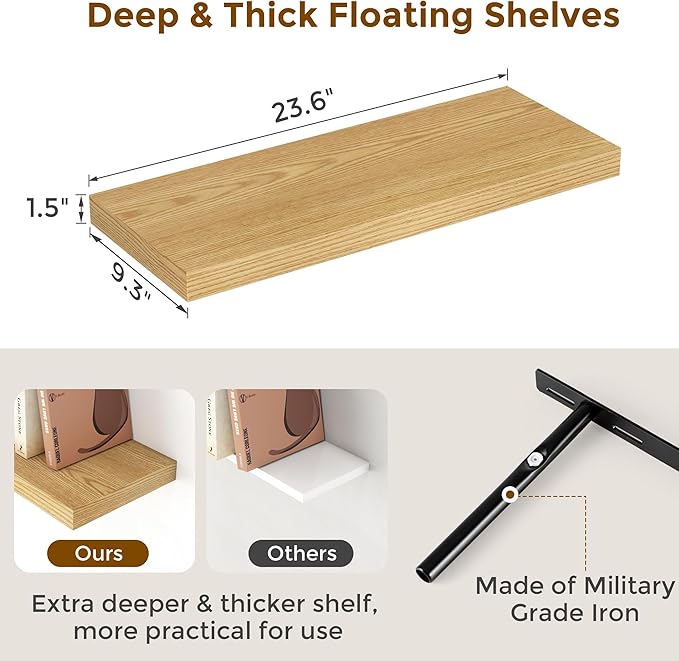 24 x 9 Floating Shelves, 9 Inch Deep Floating Shelf Wall Mounted, 24 Inch Bathroom Shelves Set of 2, Rustic Wood Wall Shelf for Bedroom, Living Room, Oak Color-CasaMuseHome