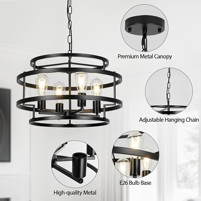 4-Light Black Chandelier for Dining Room, 19.7" Modern Farmhouse Pendant Light with Geometric Metal Frame, Industrial Flush Mount Ceiling Light for Living Room, Bedroom, Kitchen Island, Hallway, Foyer-CasaMuseHome