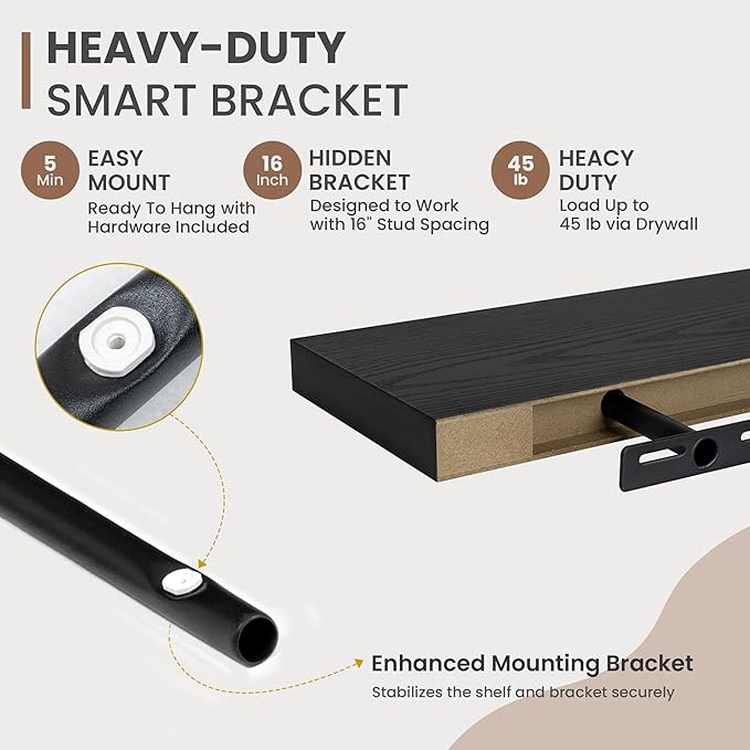 40 Inch Floating Shelves, 8 Inch Deep Floating Shelves for Wall, Hanging Shelf with Invisible Brackets, Deep Shelves for Bathroom, Bedroom, Living Room, Black, Set of 2-CasaMuseHome