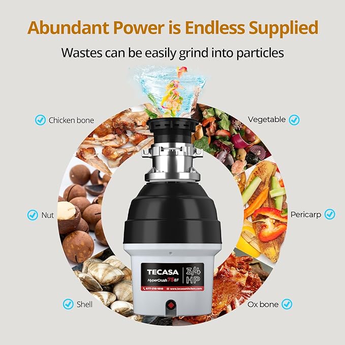 3/4 HP Batch Feed Garbage Disposal, TECASA Stainless Steel Food Waste Grinding System for Kitchen Sink Food Waste, Power Cord Included, Sound Reduction, Grey and Black - HyperCrush 75 BF-CasaMuseHome