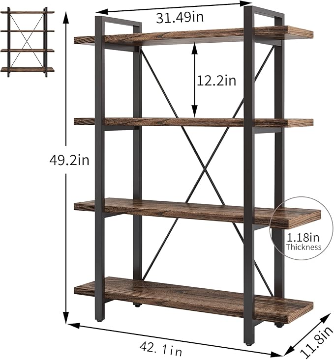 4 Tier Bookshelf Solid Wood Bookcase and Book Shelves Wood and Metal Shelving Rustic Open Bookshelf Office,Distressed Brown (AY-02-4Tier)-CasaMuseHome