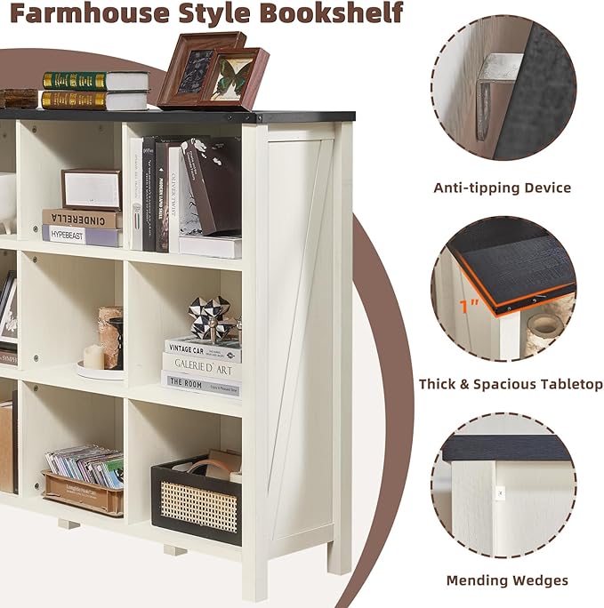 9 Cube Bookcase, Farmhouse 47 Inch Wide White Bookshelf, Wooden 3 Tier Display Large Open Book Shelf, Vintage Horizontal Book Case for Home Office, Cubby Storage Cabinet for Living Room-CasaMuseHome