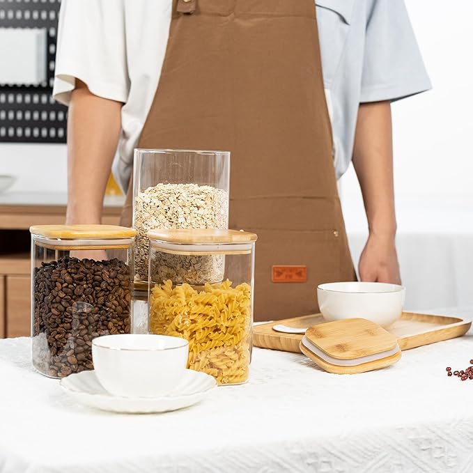 41oz Airtight Glass Square Storage Canister with Bamboo Lid Set of 4 (1200ml) Container Stackable Jar, Kitchen Canister for Pantry Noodles, Flour and Coffee beans (‎with Black Lable)-CasaMuseHome