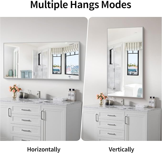 48x24In Silver Bathroom Mirror for Wall, Brushed Nickel Rectangle Mirrors with Metal Frame, Bathroom Rectangular Mirror Modern Wall Mirror for Bedroom Living Room, Hangs Horizontal or Vertical-CasaMuseHome
