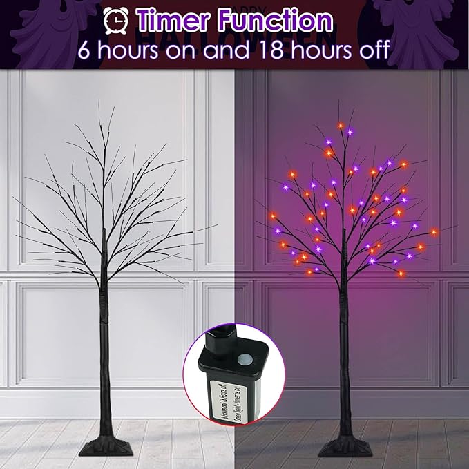 2Pack 4FT 100LED Black Halloween Tree Lights, Timer Function Halloween Trees with Purple and Orange Lights, Spooky Trees Light for Indoor Outdoor Halloween Decorations-CasaMuseHome