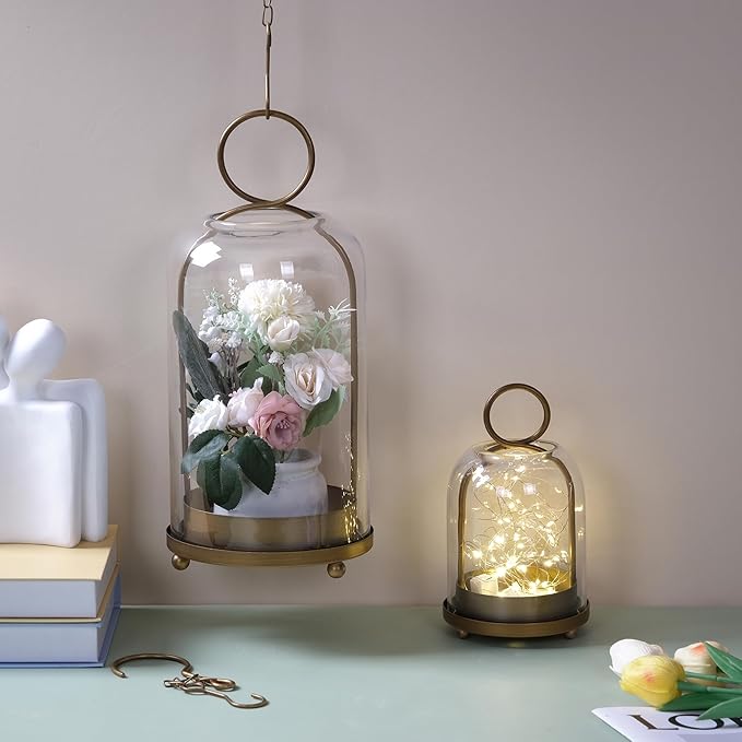 6" & 4" Versatile Modern Metal Hurricane Lantern in Set of 2 with Handmade Sturdy Glass Dome for Pillar Candle & Plants (Brass, 4"x7.5" &6.3"x11.2")-CasaMuseHome