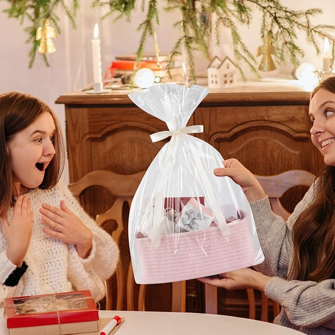 4 Pack Small Storage Shelf Baskets for Organizing, Mini Woven Rope Storage Bins for Towels, Cute Decorative Closet Organizer，Baby Nursery, Gift Empty Baskets -11.81''Lx7.87''Wx4.72''H-Pink-CasaMuseHome