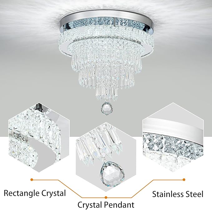 16“ Crystal Chandeliers Light Flush Mount Ceiling Light Fixtures Round Modern LED Chandelier for Living Room Bedroom Dining Room Closet Hallway (Cool White)-CasaMuseHome