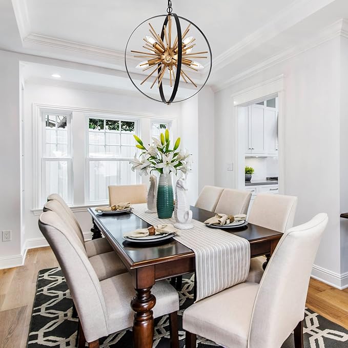 17.72'' Black Gold 8-Light Globe Sputnik Chandelier Modern Industrial Adjustable Hanging Ceiling Firework Pendant Light Fixture for Entryway Stairway Kitchen Dining Living Room Hallway-CasaMuseHome