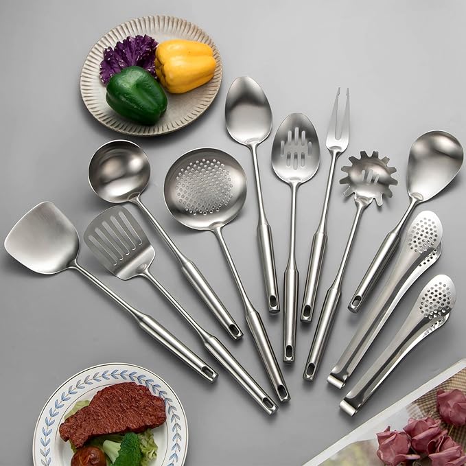 304 Stainlss Steel Kitchen Utensils Set, 11 Pcs Long Metal Cooking Utensil Gadgets Tools Set with Spatula, Ladle, Spoon, Ladle, Skimmer, Tunner, Pasta Server, Tongs(Silver, Dishwasher Safe)-CasaMuseHome