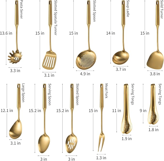 304 Stainlss Steel Matte Kitchen Utensils Set, 11 Pcs Long Metal Cooking Utensil Gadgets Tools Set with Spatula, Spoon, Ladle, Skimmer, Tunner, Pasta Server, Tongs(Gold, Dishwasher Safe)-CasaMuseHome