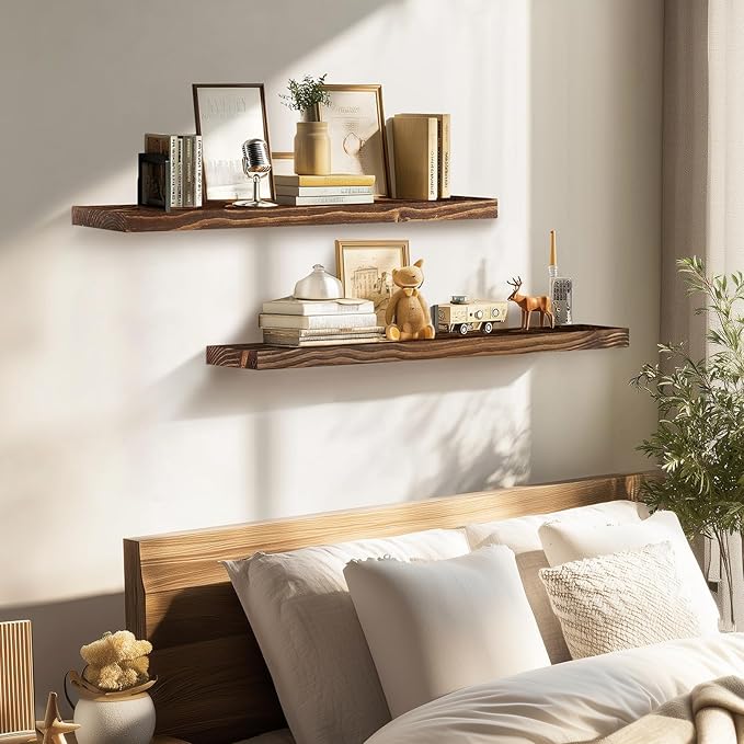 36"x6.8"x1.2" Solid Wood Floating Shelves 2-Pack - Rustic Brown Finish with Hidden Brackets, Perfect for Storage and Décor in Living Room, Kitchen, Bedroom-CasaMuseHome