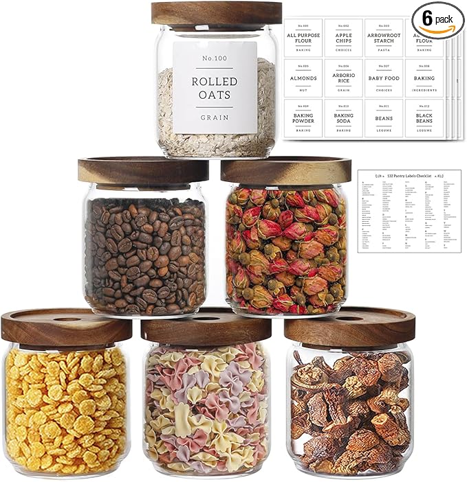 16 OZ Stackable Glass Food Storage Jars with 132 Pantry Labels Preprinted - 6 Pcs Thicken Glass Storage Containers with Airtight Acacia Lid - Clear Kitchen Canister for Spice, Tea, Coffee, Sugar-CasaMuseHome