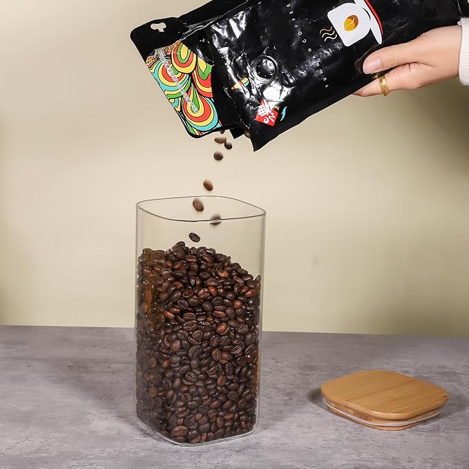 50oz Glass Food Storage Jars Set of 6,Glass Storage Containers Clear Glass Food Canister with Bamboo Lid Airtight For Serving Tea, Coffee, Flour, Sugar, Candy, Cookie, Spice and More (Square)-CasaMuseHome