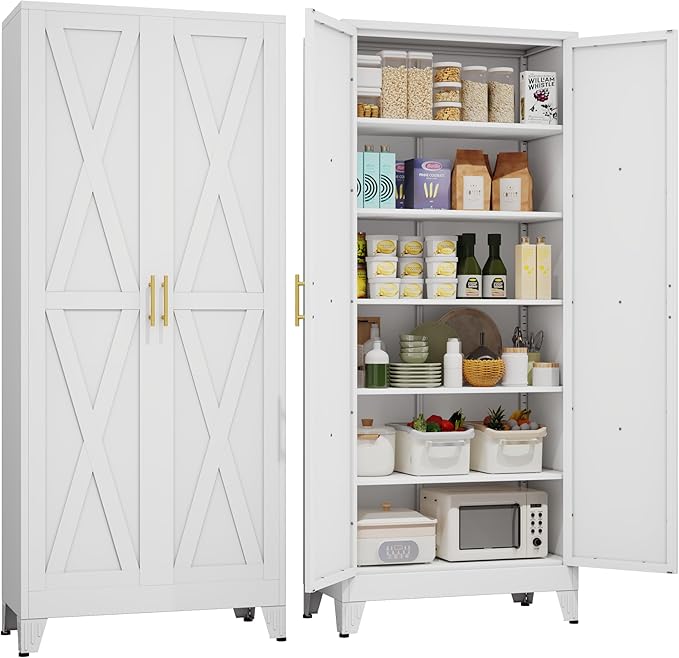 75" Tall Metal Kitchen Pantry Storage Cabinet, Freestanding Cupboard with 2 Doors and 5 Adjustable Shelves, Standing Storage for Kitchen, Bathroom, Garage, Dinning Room or Utility Room（White）-CasaMuseHome