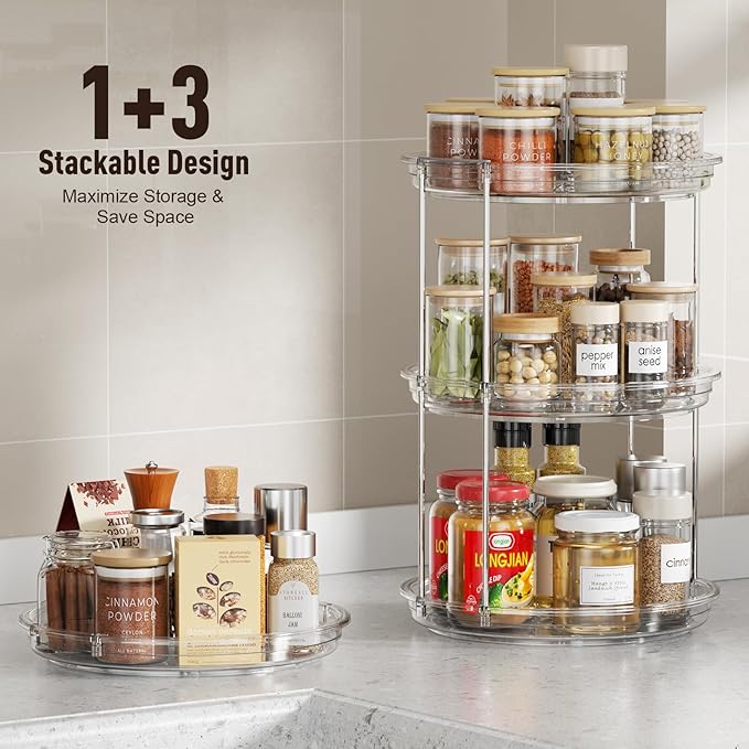 2 Tier Lazy Susan Organizer, 9.25'' Lazy Susan Turntable for Cabinet, Stackable Turntable Organizer Rotating Spice Rack Organization for Kitchen Countertop, Pantry, Bathroom, Clear-CasaMuseHome