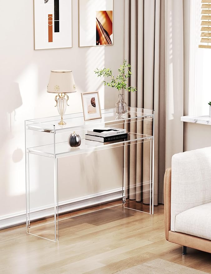 Acrylic Console Table, Entryway Table with Storage Shelves (1, 39.4 * 31.5 * 11.7) (Clear)-CasaMuseHome
