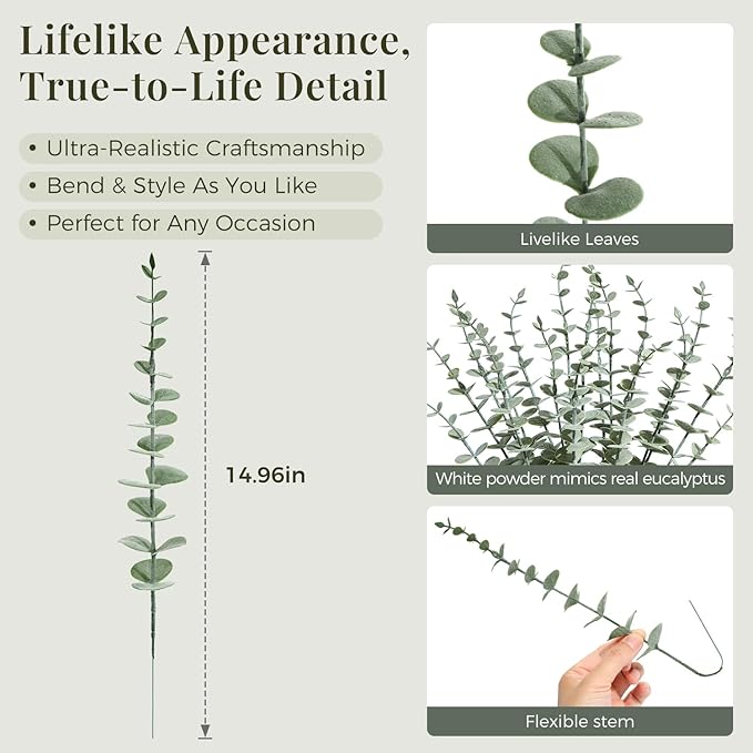24Pcs Faux Eucalyptus Stems, 15" Artificial Eucalyptus Plants with White Frosted Coating, Fake Eucalyptus Decor Plastic Greenery Leaves for Wedding Bouquets Home Decor DIY Floral Arrangements-CasaMuseHome