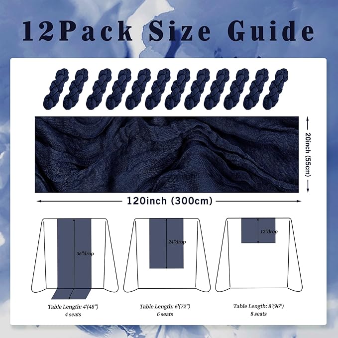 12 Pack Navy Blue Cheesecloth Table Runner 10FT Boho Fabric Rustic Cheese Cloth Table Runner for Wedding Bridal Shower Baby Shower Gauze Sheer Birthday Party Table Decorations 20 x 120 Inch Long-CasaMuseHome