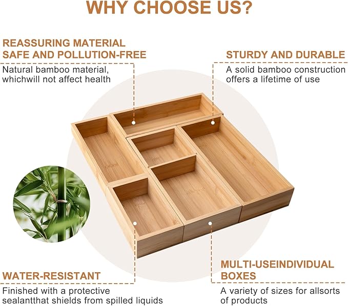 Bamboo Drawer Organizer 5 Pcs for Kitchen Multi-purpose Storage Dividers for Kitchen, Office, Jewelry, Cosmetics, Wooden Drawer Dividers for Drawer Organizer Desk Organizer Gift for Women Gifts Idea-CasaMuseHome