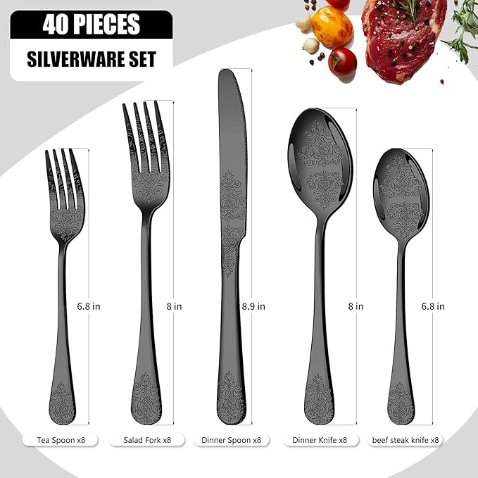 40 Pcs Black Silverware Set for 8 with Classical Flower Embossed Design, Food Grade Stainless Steel Flatware Set, Eating Utensils Sets Include Fork/Knife/Spoon, Cutlery Set, Dishwasher Safe-CasaMuseHome