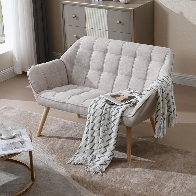 48”Small Loveseat Sofa, Modern Linen Upholstered Mini Couch 2-Seater Fluffy Love Seat with Quilting Backs and Wood Legs for Small Space Living Room, Bedroom, Beige-CasaMuseHome