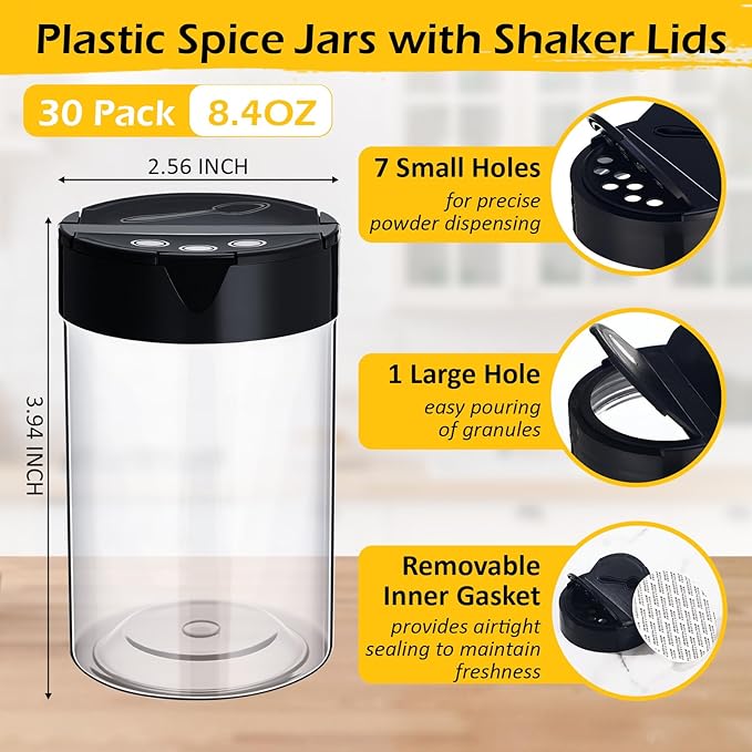 30 Pack 8.4 oz Plastic Spice Jars with Black Cap Empty Clear Plastic Spice Bottle Containers Reusable Seasoning Jars with Shaker Lids for Kitchen Storing and Dispensing Salt Powders-CasaMuseHome