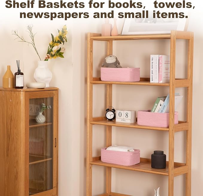 3 Pack Small Storage Baskets for Organizing, Cute Woven Decorative Gift Baskets for Shelves, Mini Closet Organizer Bins with Handles, 11.81''Lx7.87''Wx4.72''H-Pink-CasaMuseHome