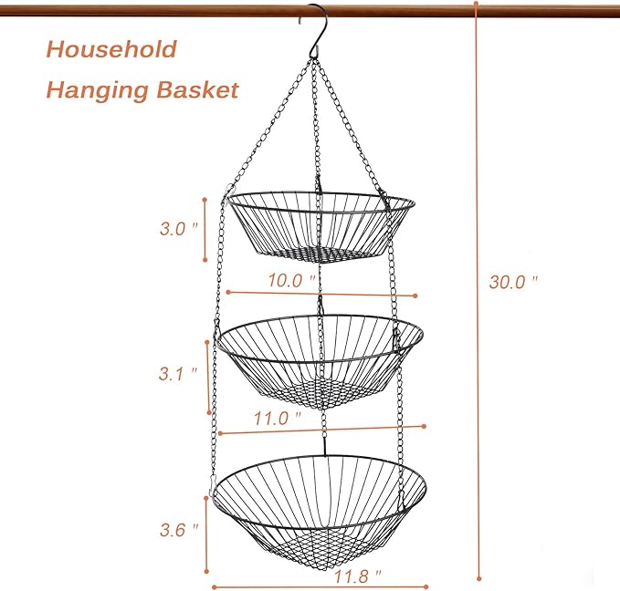 3-Tier Wire Fruit Hanging Basket 2 Packs,non-Punching Wall Hanging Storage,Kitchen Bathroom Organization Basket,Suitable for Bathroom,Kitchen,Closet,Garden,Black-CasaMuseHome