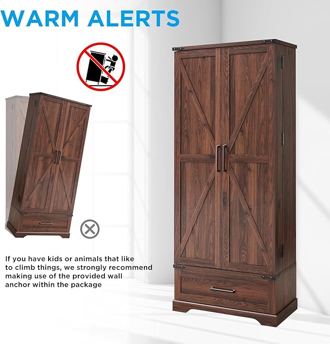 72‘’ Farmhouse Kitchen Pantry Cabinet with Drawer, Tall Storage Cabinet with 2 Barn Doors and Shelves, Versatile Large Rustic for Dining Room, Bathroom, Living Room, Laudry, Brown-CasaMuseHome