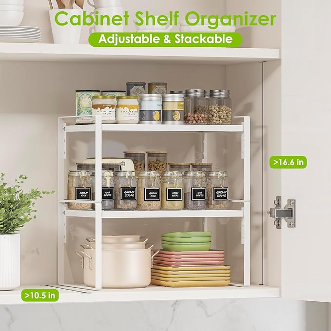 2 Pack Kitchen Countertop Organizer, Stackable Cabinet Shelf Organizer, 2 Tier Adjustable Kitchen Counter Shelves Riser For Pantry Cupboard Bathroom Organization And Storage, Desk Shelf,Spice Rack-CasaMuseHome