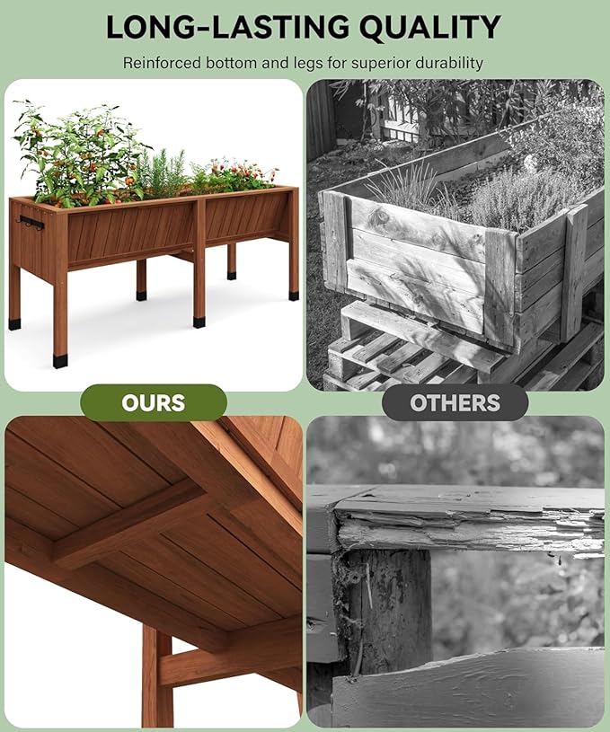 72x26x31 Inch Raised Garden Bed with Legs, 13.7In Depth Wooden Planter Box for Outdoor Growing Vegetables and Herbs, Elevated Garden Bed with Hooks for Backyard, Patio, Balcony-CasaMuseHome