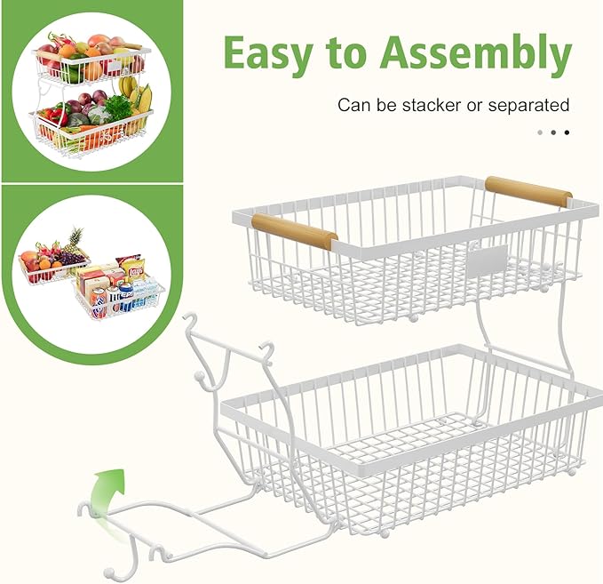 2 Tier Fruit Basket for Kitchen Counter with 2 Banana Hangers, Countertop Metal Fruit Bowl with Wooden Handle, Large Storage Stand for Vegetables, Snacks, Breads, Produce Storage – White-CasaMuseHome