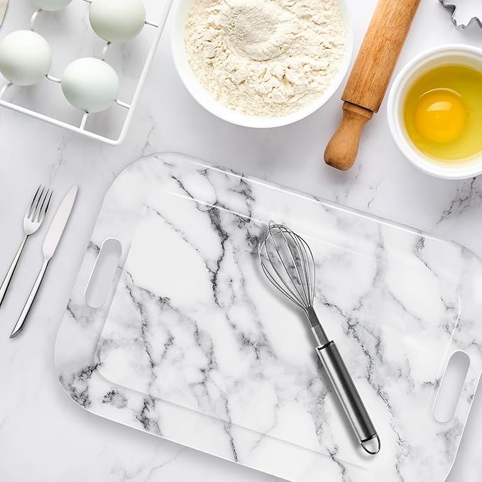 Serving Trays with Handles, 14.5 x 9.8 inch Rectangular Plastic Tray for Restaurant, Kitchen, Gray White Marble-CasaMuseHome