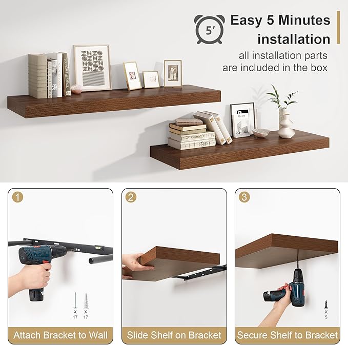 12" Deep Walnut Floating Shelves,Over Toilet Long Wall Mounted Modern Farmhouse 36 inches,Wall Shelves with Invisible Brackets for Bedroom, Bathroom, Living Room, Kitchen, Set of 1-CasaMuseHome