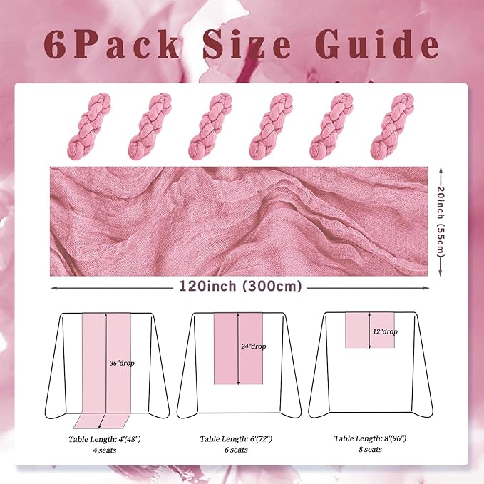 6 Pack Dusty Rose 10FT Cheesecloth Table Runner 20 x 120 Inch Long Rustic Gauze Fabric Cheese Cloth Table Runner for Wedding Bridal Baby Shower Table Decorations Boho Sheer Birthday Party Table Decor-CasaMuseHome