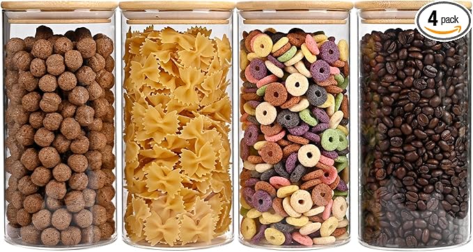 53oz Glass Food Storage Jars, Glass Jars with Bamboo Lids, Kitchen Storage Jars, Set of 4, Canisters with Airtight Lids for Spice, Coffee, Cookie, Pantry Organizers-CasaMuseHome