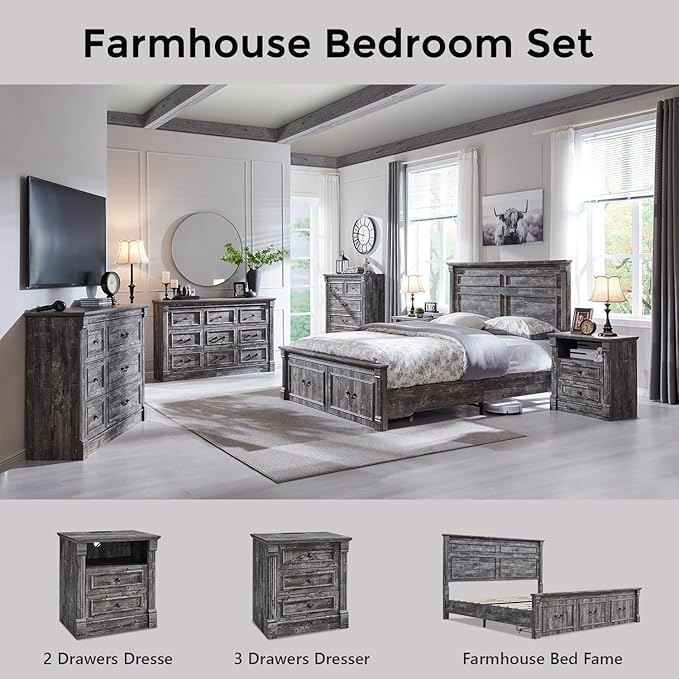 26" Tall Farmhouse Nightstand, 2 Drawers End Table w/Charging Station, 23.6" Wide Large Side Table w/Roman Column, Wood Rustic Sofa Table w/Open Shelf, Bedside Table for Bedroom, Light Gray-CasaMuseHome