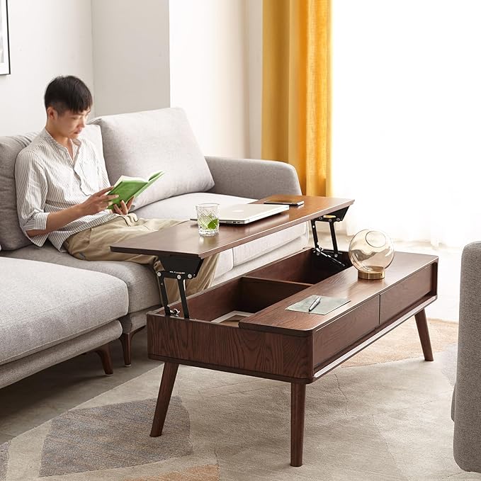 100% Solid Wood Lift Top Coffee Table for Living Room, Mid Century Modern Tables with Drawers and Large Storage, Oak Wood Coffee Tables for Small Spaces (Oak Walnut Color, 47.24"W x 23.62"D x 25.59"H)-CasaMuseHome