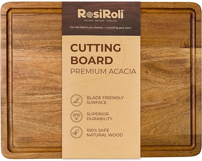 Acacia Wood Cutting Board for Kitchen - 0.8 inch Thick Wood Charcuterie Cheese Board with Side Handles and Juice Grooves, Wooden Chopping Block for Meat and Veggies, 13x10 inch-CasaMuseHome