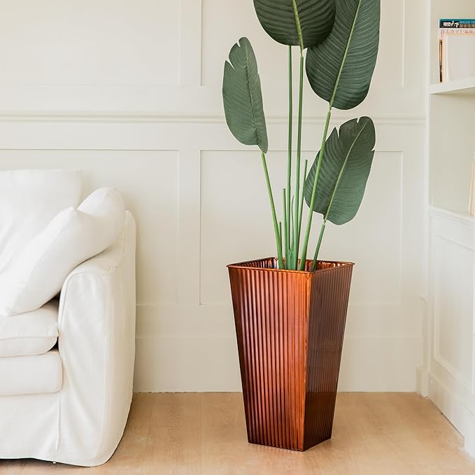 22in Vintage Handmade Metal Vertical Lines Copper Tapered Planters,Planter Box with Drainage Holes and Saucer -Set of 2, Galvanized Steel Planter for Indoor/Outdoor/Porch/Garden-CasaMuseHome