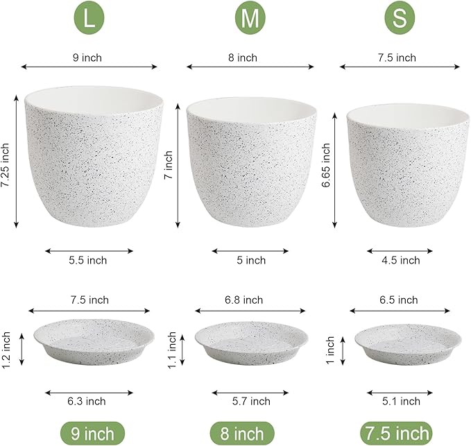 9/8/7.5 inch Flower Pots, Set of 3 Modern Decorative Plastic Planters with Drainage Holes and Saucers for Garden House Plants, Plant Pots for Indoor Outdoor Plants, Speckled White-CasaMuseHome