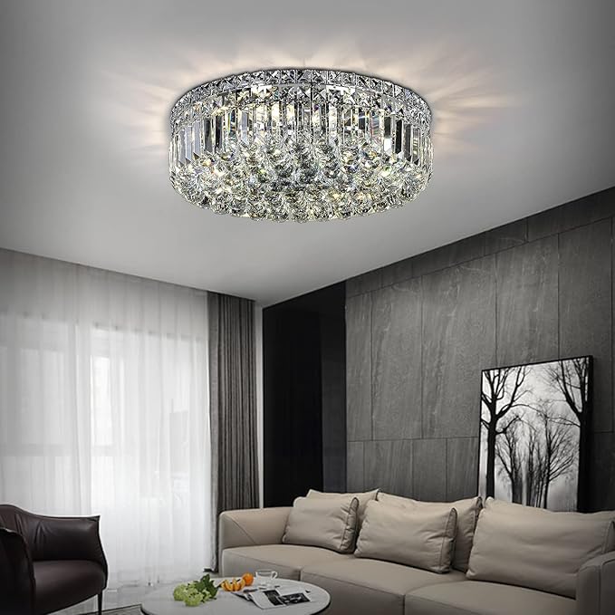 6-Lights Crystal Flush Mount Chandelier Light Fixture with K9 Crystals Modern Ceiling Lights Elegant Pendant Lamp for Bedroom,Hallway,Bar,Living Room,Dining Room,H5.9 xW20 (Bulbs Not Included)-CasaMuseHome