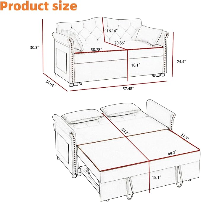 57-Inch Velvet Full Size Sleeper Sofa Couch with Pullout Bed,Convertible Pull Out with Golden Decorative Strip and Adjustable Backrest for Small Spaces,Apartment, Guest Room, RV (Black)-CasaMuseHome