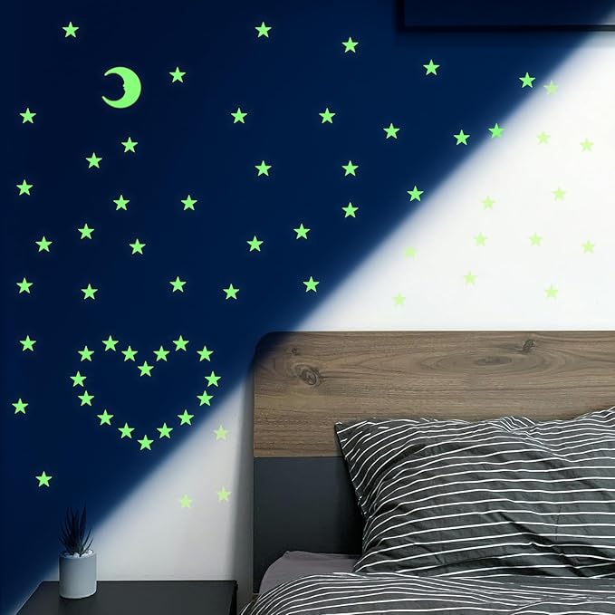 100 Stars and 1 Moon Glow in The Dark Luminous Fluorescent 3D Plastic Glow Stars Moon for Ceiling, Glowing Wall Stickers Create a Realistic Starry Sky, Room Decorations (Green)-CasaMuseHome