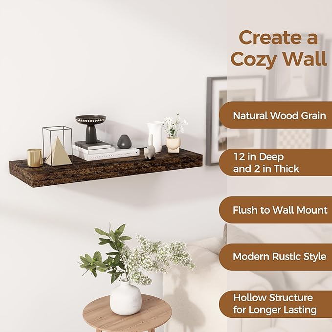 30 Inch Floating Shelves, 12 Inch Deep Floating Shelf for Wall, Rustic Deep Shelves for Books, Bathroom, Living Room, Kitchen, 30 x 12 x 2 Wood Floating Shelves, Rustic Brown Color, Set of 2-CasaMuseHome