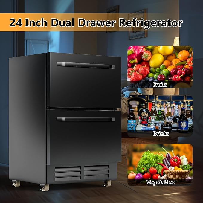 24 Inch Under Counter Dual Drawer Beverage Fridge, Weather Proof Outdoor Beverage Refrigerator for Patio, Stainless Steel Built-in Beverage Cooler for Home & Commercial Use, Black-CasaMuseHome