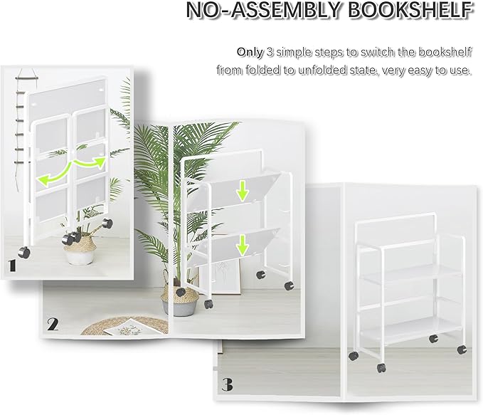 4NM 2 Tiers No-Assembly Folding Bookshelf with Wheels, Portable Rolling Storage Bookcase & Compact Side Table for Living Room, Bedroom, Kitchen, Bathroom (All White)-CasaMuseHome