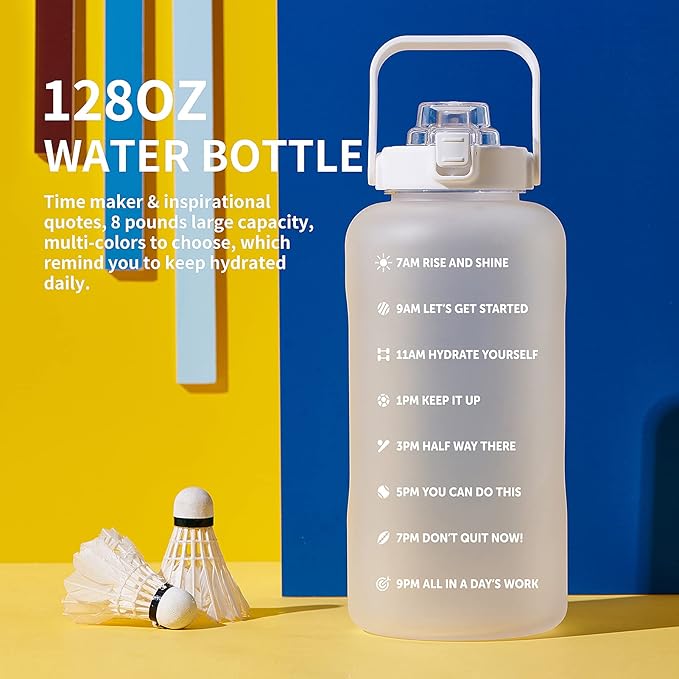64oz,100oz,128oz Large Motivational Water Bottle with Time Marker, Leakproof & BPA Free Half Gallon Big Water Bottle with Straw Handle Tritan Frosted Water Jug for Gym,Fitness,Outdoor Sports-CasaMuseHome